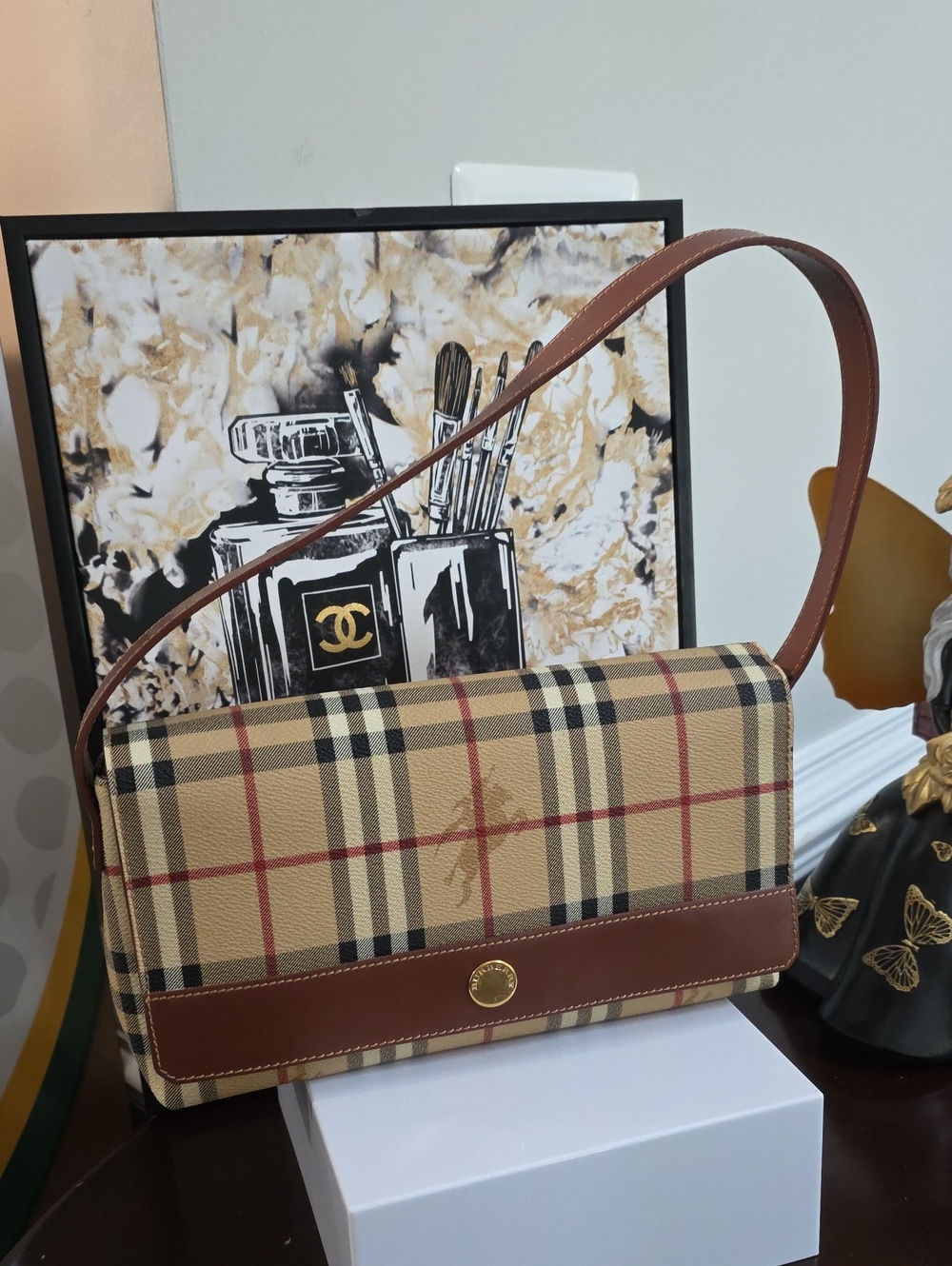Burberry Vintage Haymarket Check Flap Shoulder Bag with COA